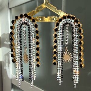 Elegant Black Silver & Gold Dangle Earrings